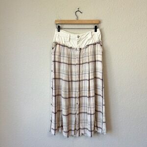 FREE PEOPLE Avril Maxi Skirt in Cream/Tan Plaid Fringe Western
